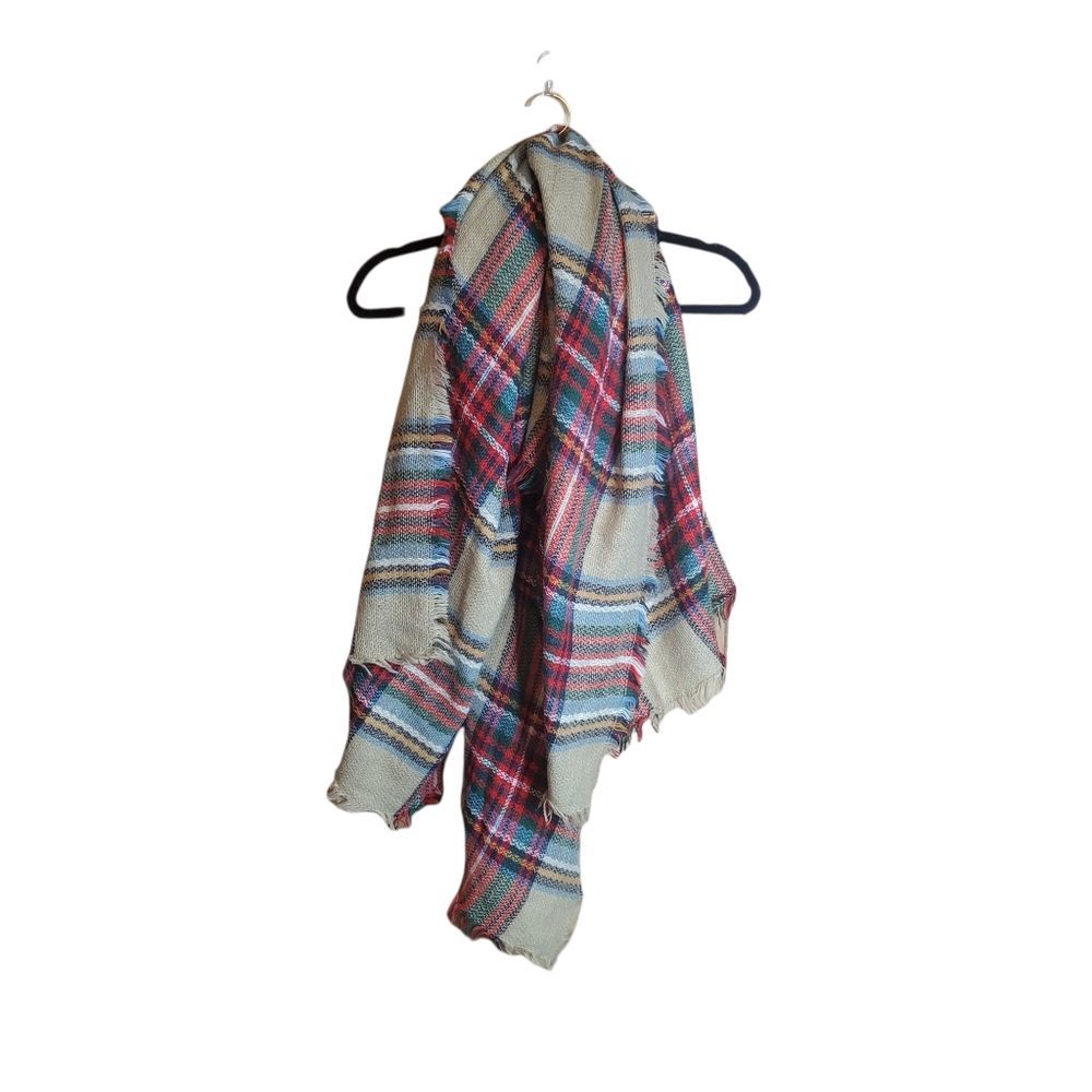 Large Square Plaid Scarf Tan Red Green Super Soft & Comfy
